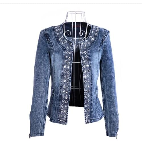 Handwork Sequins Diamonds Womens Denim Jacket Open Stitch Slim Oversize Jean Coat 2021 Autumn Elastic Vintage Ladies Short Coats