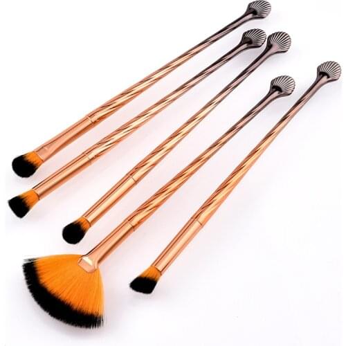 SAIANTTH 5pcs Shell Gradient Color Gold Spiral Long Eye Makeup Brushes Fan Eyeshadow Eyeliner Eyebrow Cosmetic Set Professional