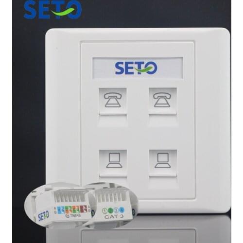 SeTo 86 Type Double Network Lan RJ45 Cat5e + Double Telephone RJ11 Cat3 Wall Plate Socket Keystone Faceplate