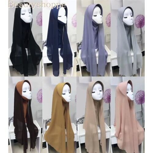 Ethnic Style Chiffon Shawl Scarfs Soft Thin Hooded Plain Headwear Hard Cap Chiffon Cotton Stitching Muslim Women Hijab Scarf