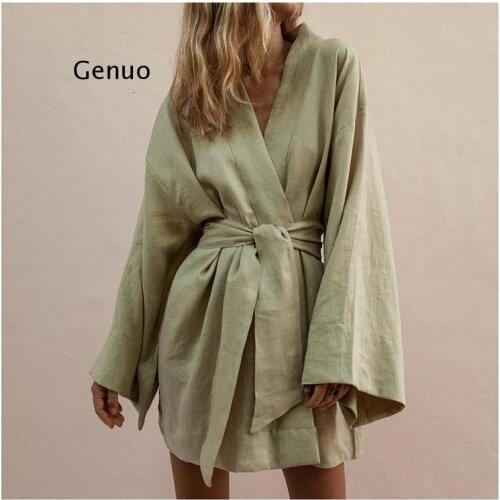 Lace Up Womens V-Neck Kimono Cardigan Mini Dress Cotton Linen Long Sleeve Sashes Dresse Robe Style Summer Loose Vestidos