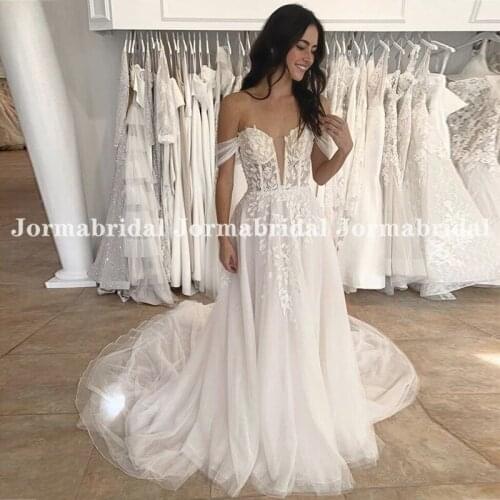 Transparent Bodice Boho Beach Wedding Dresses Off Shoulder Appliques Light Champagne Bridal Gowns Tulle V Neck Suknia Slubna
