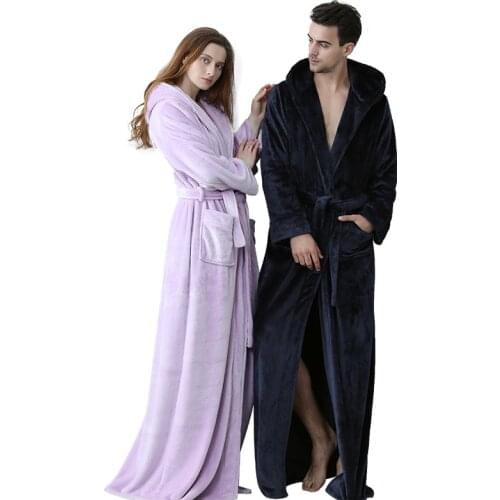 Extra Long Thick Coral Fleece Winter Warm Bath Robe Men Women Flannel Kimono Bathrobe Male Dressing Gown Mens Nightwear pajamas