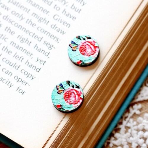 Unique 3D Flower Embossed 16mm Round Coloured Drawing pattern Laser Cut wood Cabochon DIY for Rings, Earring,Brooch,Necklace-315