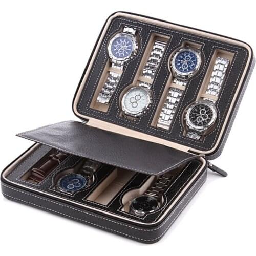 High Level 8 Grids Leather Watch Box Luxury Zipper Style For Travelling Storage Jewelry Watch Collector Cases Organizer Box