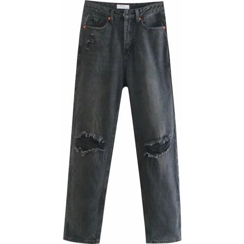 XNWMNZ women Pantalon frayed straight Jeans Washed Slim full length High waist Hole denim pants pocket fashion Ripped Trousers