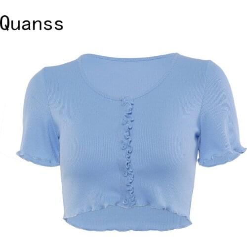 Quanss Summer Clothes For Women Tops 2021 Streetwear Short Sleeve Crop Top T Shirt Buttons Tee Shirt Femme Solid Bodycon Tshirt