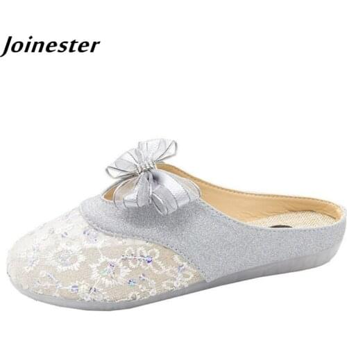 Women Mesh Sequins Slippers Outdoor Retro Slides for Girls Flat Heeled Summer Mules Female Bling Shoes with Bow Sweet Sandals