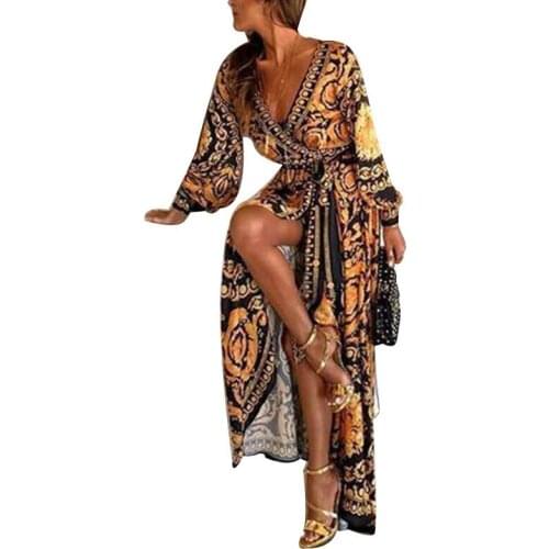 2020 New Style Fashion Elegant Women Sexy Boat Neck Glitter Deep V Neck Print Party Dress Formal Long Dress Sexy Clubwear