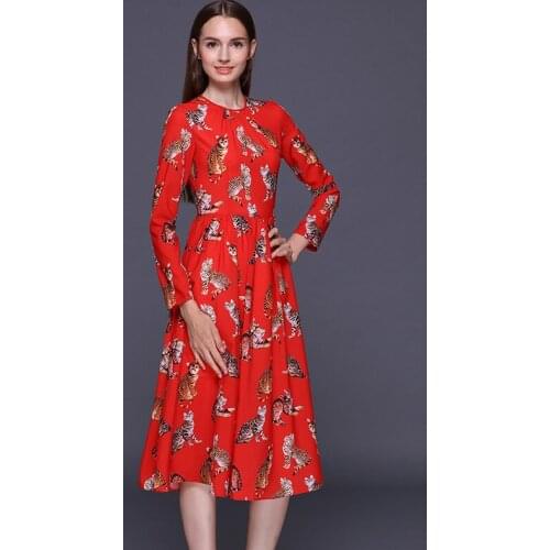 New arrival 2017 Spring Summer fashion women long sleeve animal cute red cats print dress casual midi elegant dresses