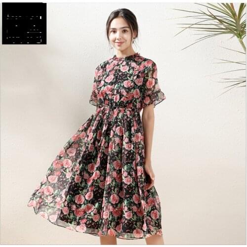 Womens 2021 Summer New Floral Ruffled Short-sleeved Dress Waist Slim Chiffon Dresses Female Printed Midi Skirt For Ladies