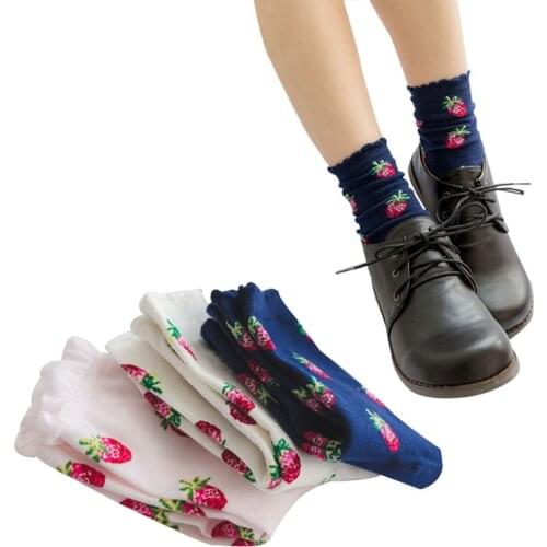10pcs=5pair Japanese Women Short Socks Cute Strawberry Funny Funny Sock Meias Loose Mouth Frilly Cotton All-season Female Socks