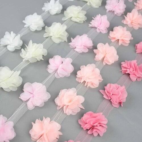 2 Yards 3D Chiffon Cluster Flowers Lace Dress Decoration Embroidery Lace Fabric Applique Trimming Sewing Supplies