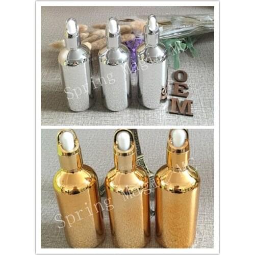 50pcs 100ml Golden / Silver glass dropper bottles essence oil bottles Vial Cosmetic Serum Packaging Refillable Perfume Bottles