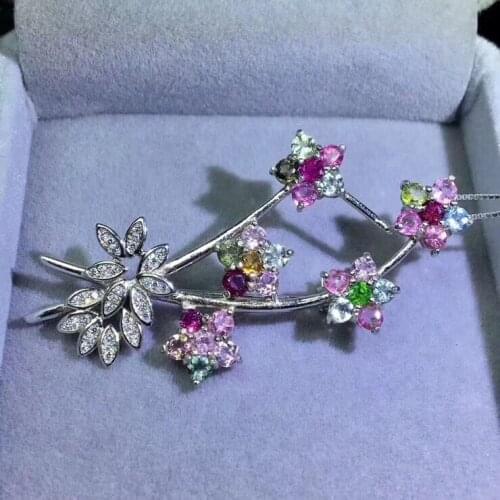 Natural And Real Flower Tourmalinebrooch Free shipping Natural real Tourmaline 925 sterling silver brooch gem 3mm 30pcs