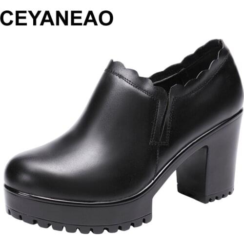 CEYANEAO leather shoes | Womens Round Toe Pumps Sapato feminino High Heels Shallow Fashion Black Plus Size 35-43 Work Shoe