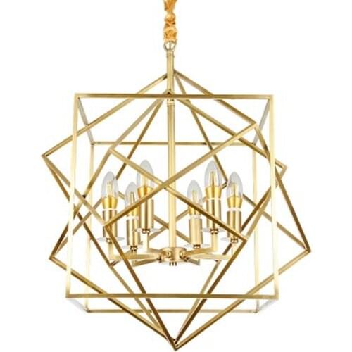 European golden copper geometric cube pendant light lamp LED creative diamond square frame simple modern brass Pendant Lamp