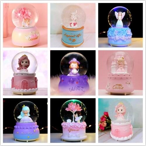 Crystal Ball Music Box Girl Princess Star Moon Rainbow Unicorn Glowing Snowflakes Music Box Home Decoration Desktop Ornament