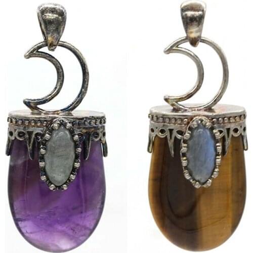 KFT Natural Healing Crystal Quartz Reiki Antique Silver Plated Crescent Moon Labradorite Points Stone Pendant Amulet Jewelry