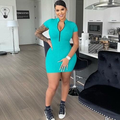 Solid Elastic Hight Zipper Front Slim Fit Dress for Women Short Sleeve Package Hip Dress Activewear Workout Bandage Vestidos