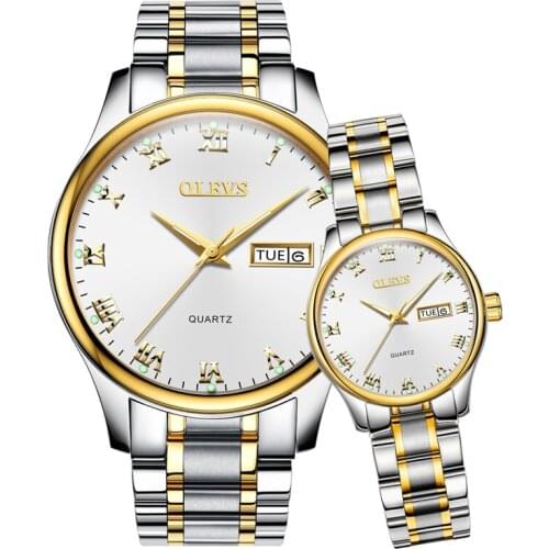 OLEVS 5568 Luxury Top Brand Fashion Couple Watches Stainless Steel Day Date Quartz Clock Women Men Wristwatches