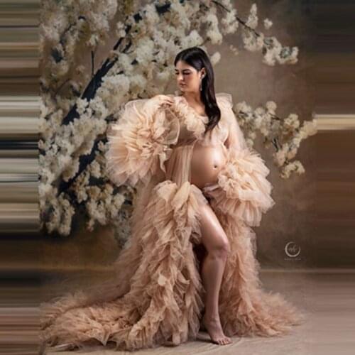 Demure Champagna Ruffles Tulle Maternity Dress To Photo-shoot V-neck Long Sleeves Pregnancy Dresses Long Robes Custom Made