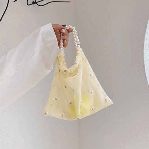 Women Daisy Embroidery Mesh Bags Handmade Transparent Organza Yarn Shopper Handbag Pearl Handle Cloth Mini Bag Ladys Tote