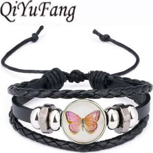 Qiyufang Fashion Butterfly bracelet bangle Vintage Glass Cabochon Bronze Statement Chain bracelet bangle Women 2017