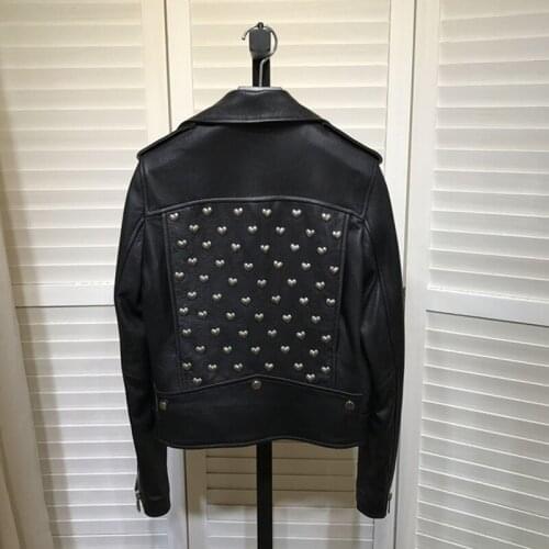 Chic womens rivet biker 2021 autumn winter high quality real leather jackets coat A998