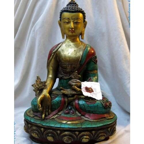 13" Tibet bronze gild inlay Turquoise Buddhism Medicine Buddha Sculpture Statue