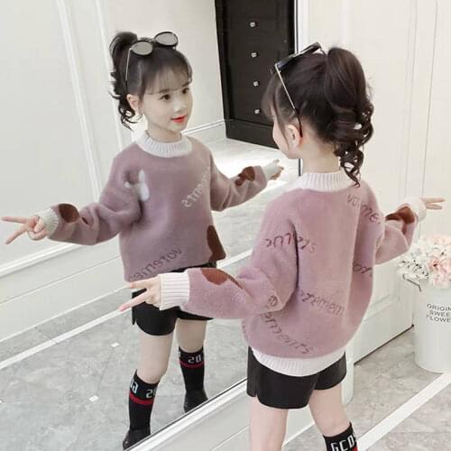Girls sweater 2020 winter new middle-aged childrens Korean thick sweater girl imitation mink fleece pullover