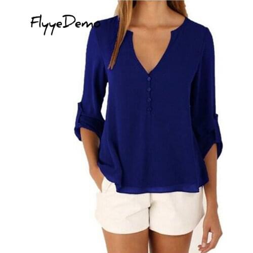 Loose Chiffon Shirts Long Sleeve Deep V Neck Chiffon Blouse 2020 Summer Plus Size Women Shirts Solid Blouse Women Tops