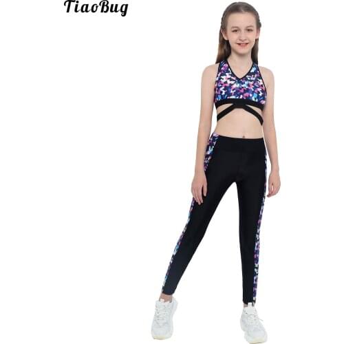 TiaoBug 2Pcs Kids Girls Print Sport Yoga Dance Suit V Neck Sleeveless Shoulder Straps Cross At Rear Top And Long Leggings Set