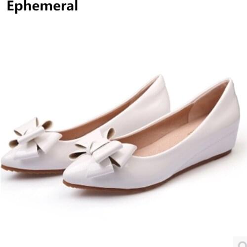 Ladies Wedges Patent Leather Shoes With Bow Pointed Toe Low Heels Slip-on Breathable Sweet Party Footwear Plus Size 42 34 Black