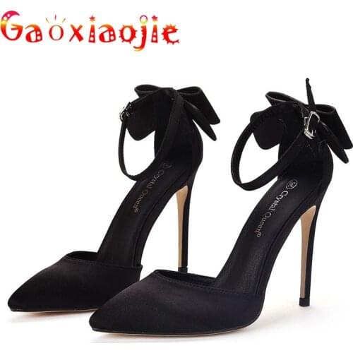 Cover Heel Bowknot High Heel Shoes Women 11CM Silk Sexy Pointed End Stage Sandal Fashion Concise Buckle Strap Stilettos 2021 Hot