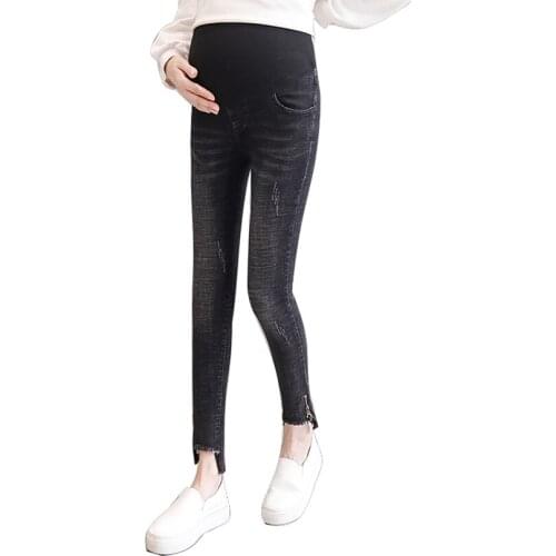 Spring and summer zipper split pregnant women pants casual pants feet lift stomach pants hole stomach lift denim trousers