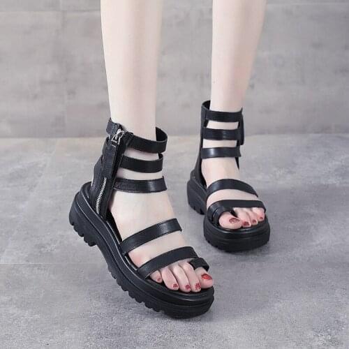 Thick-soled Leather Sandals Womens Summer New Flat-bottomed Roman Beach Toe Layer Cowhide Side Zipper Hollow Boots