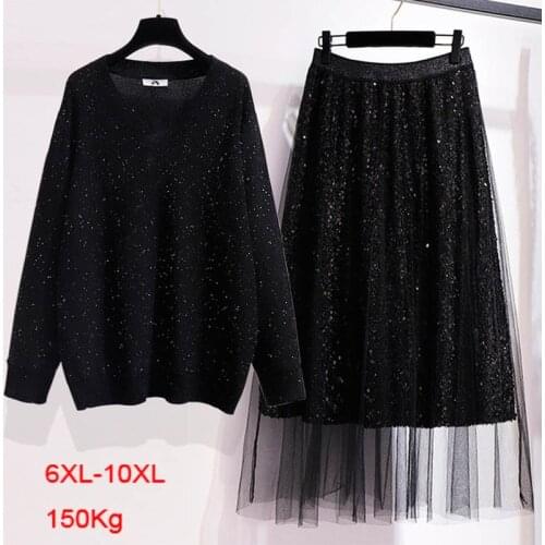 Plus size womens autumn winter new style V-neck knitted sweater mesh skirt bust 156cm 6XL 7XL 8XL 9XL 10XL fashion casual suit