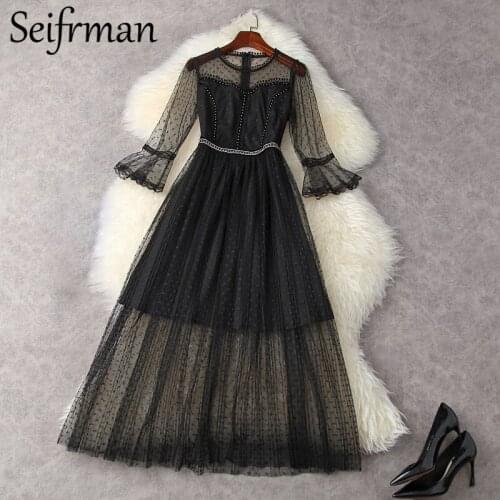 Seifrmann New 2021 Summer Women Fashion Runway Party Long Dress Flare Sleeve Gorgeous Beading Print Elegant Ladies A-Line Dress