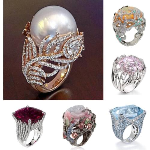 Luxury Crystal Cocktail Rings Trendy Simulated Pearl Leaf Rose Gold Rings For Women Statement Jewelry anel bagues femme Z3P038