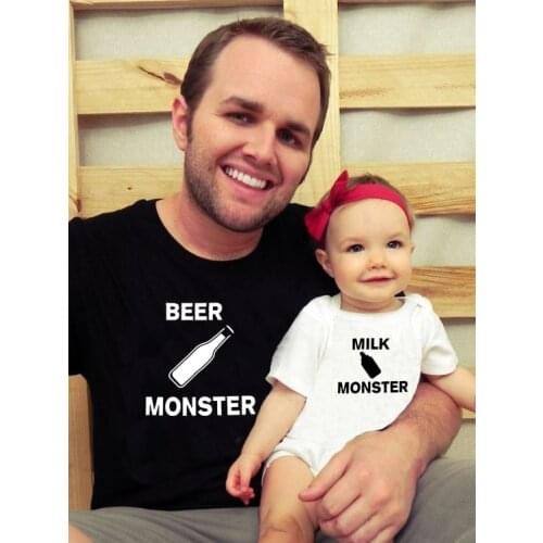 1pc Beer Monster Milk Monster Matching T-Shirt Dad Baby Casual Short Sleeve O-neck Letter Print Family Clothes Dad Kids Cute Top