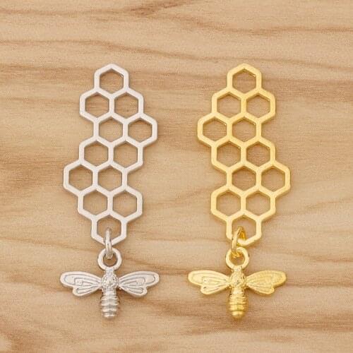 10 Pieces Silver Plated/Gold Tone Bee Honeybee Bumble with Honeycomb Charms Pendants for Necklace Earring Jewellery Making