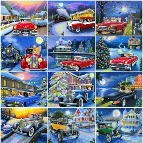 AZQSD Diamond Embroidery Car Christmas Snow Mosaic Rhinestones 5D Diamond Painting Landscape Cross Stitch Handmade Home Decor