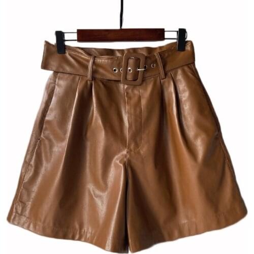 2021 Black Leather Shorts Women High Waist Wide Pantalones Cortos de Mujer 2021 Sexy Booty Shorts With Belt