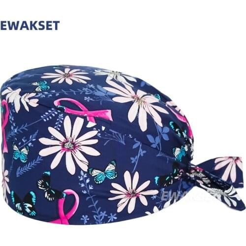 Floral Print Dental Scrub Caps Nurse Working Scrubs Hat 100% Cotton Women Men Forehead Sweatband Tie Back Veterinary Hats New