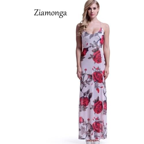 Ziamonga Floral Print Long Dress Women Casual Spaghetti Strap V Neck Split Beach Summer Dress Sexy Backless Maxi Dress Vestidos