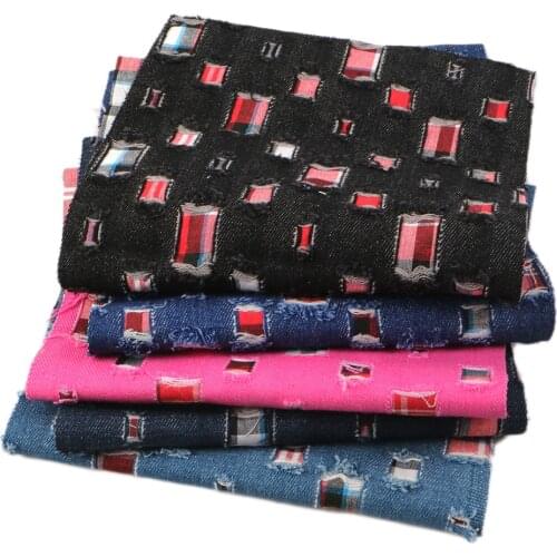 20*33cm Tartan Reversible Denim Ripped Hole Material Patchwork Tissue Sewing Quilting Fabrics Quilt Needlework DIY Cloth