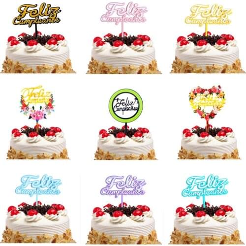 Feliz Cumpleaños Cake Toppers Spainish Happy Birthday Acrylic Cupcake Cake Topper Flags Baby Shower Decor Baking DIY Kids Party