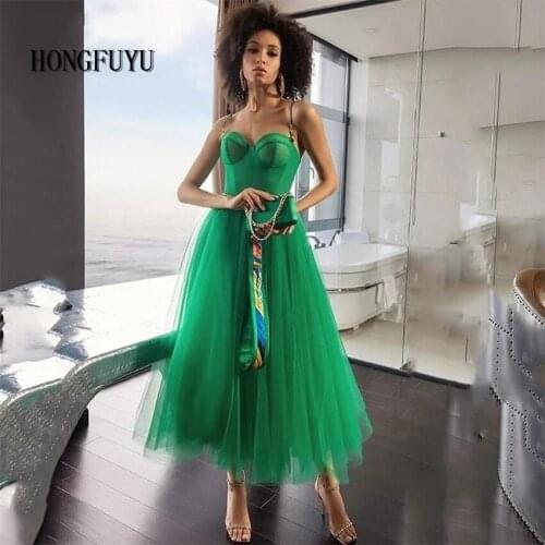 Hongfuyu Green Tulle Prom Dresses Sweetheart Tea-Length Prom Gowns Open Back A-Line Short Wedding Party Dresses
