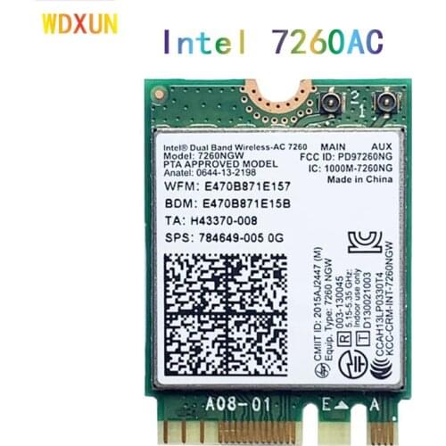 For Intel Dual band 7260 7260NGW 2x2 NGFF Wireless-AC 802.11ac 867 Mbps Wifi + Bluetooth BT 4.0 Wireless Wlan M.2 Card